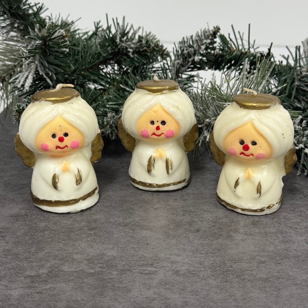 Vintage Praying Angel Figurine Candles Set of 3 Gold Halo Wings Christmas Decor